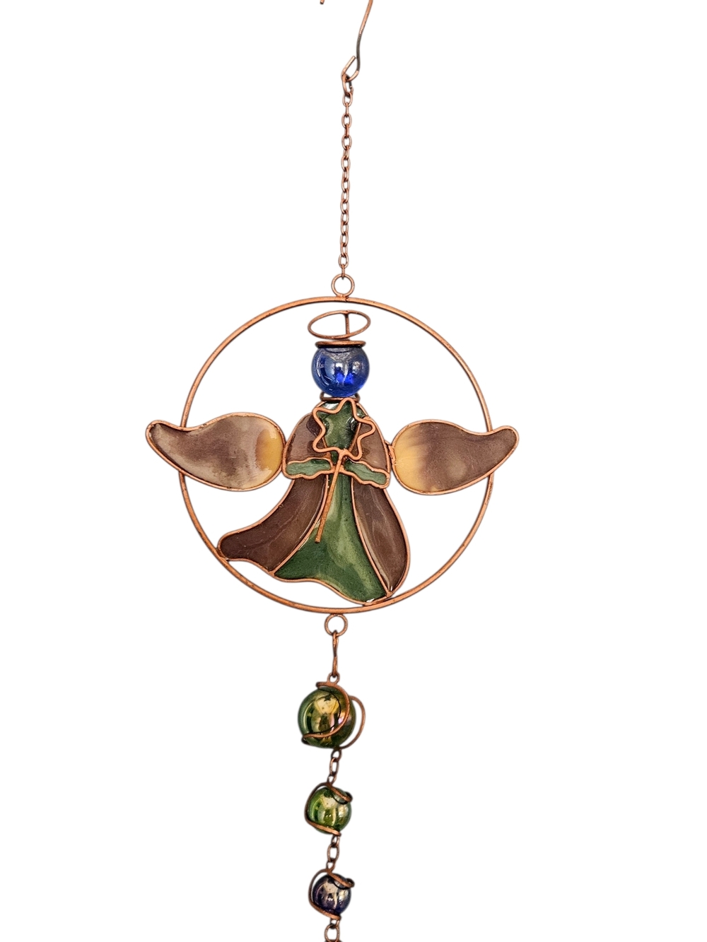 Vintage Angel Wind Chime Copper Tone Metal Glass Beads 27 x 5 Hanging Decor